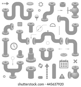 Set of Pipes System Elements. Modern Vector Illustration for Schemes Design. 3D Gray Plumbing Items on White. Industrial Infographics Set