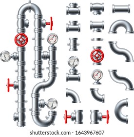 A set of pipes and water or sewage plumbing or perhaps industrial gas pipe system gauges and fittings 