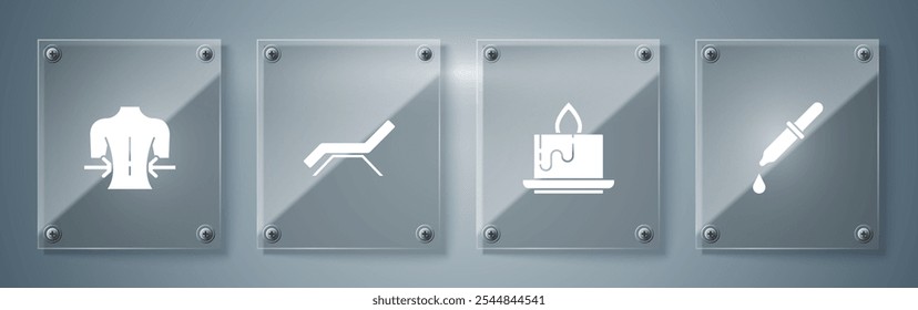 Set Pipette, Aroma candle, Sunbed umbrella and Massage. Square glass panels. Vector