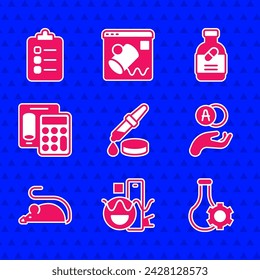 Set Pipette, Basic geometric shapes, Test tube, Atom, Experimental mouse, Calculator, Medicine bottle and pills and To do list planning icon. Vector