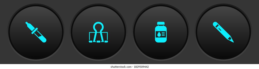 Set Pipette, Binder clip, Printer ink bottle and Pencil with eraser icon. Vector.