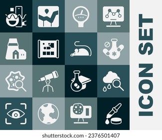 Fijar la pipeta, la nube con lluvia, la píldora de Medicina, la escala de los indicadores, el papel gráfico para la ingeniería, la planta de la estación de energía, las formas geométricas básicas y el icono experimental del ratón. Vector