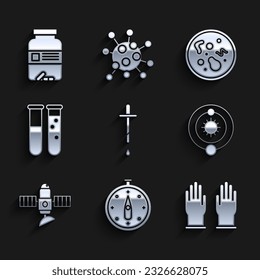 Fijar Pipeta, brújula, guantes de goma, Sistema solar, Satélite, laboratorio químico de probeta y matraz, ícono de pastillas para botellas bacterianas y medicinas. Vector