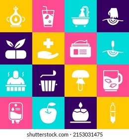 Set Pipette, Cup of tea and leaf, Acupuncture therapy, Bathtub, Cross hospital medical, Medical pill with plant, Oil bottle and Ointment cream tube icon. Vector