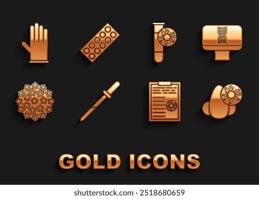 Set Pipette, DNA spiral and computer, Runny nose virus, Clipboard with blood test results, Virus, Test tube, Medical rubber gloves and Pills in blister pack icon. Vector