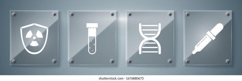 Fijar Pipeta, símbolo de ADN, tubo de ensayo y producto químico del matraz y Radioactivo en escudo. Paneles de vidrio cuadrado. Vector