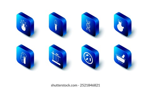 Set Pipette, DNA symbol, Test tube and flask, Mortar pestle, Petri dish with bacteria, on stand, Chemical explosion and  icon. Vector
