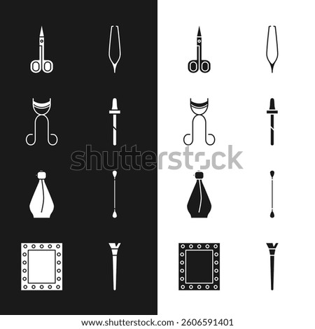 Set Pipette, Eyelash curler, Scissors, Eyebrow tweezers, Perfume, Cotton swab for ears, Makeup brush and mirror with lights icon. Vector