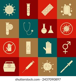 Set Pipette, Geschlecht, Stopp Virus, Pillen in Blisterpackung, Stethoskop, Reagenzglas mit, Virus und Flasche Symbol. Vektor