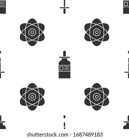 Pipette, Glasflasche mit Pipette und Atom auf nahtloses Muster setzen. Vektorillustration