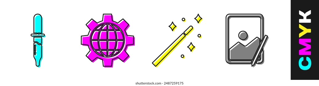 Set Pipette, Globe of the Earth and gear, Magic wand and Graphic tablet icon. Vector