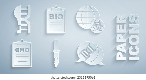Set Pipette, GMO, DNA symbol, Document for bio healthy food and Genetically modified chicken icon. Vector