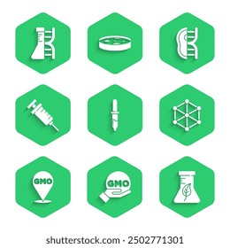 Set Pipette, GMO, Test tube and flask, Syringe, Genetically modified meat and DNA research, search icon. Vector