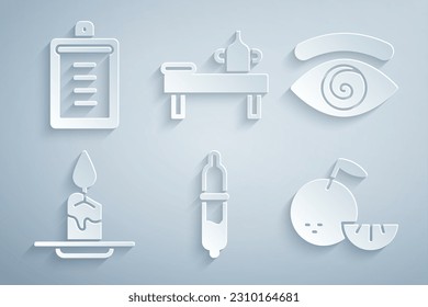 Set Pipette, Hypnosis, Aroma candle, Citrus fruit, Massage table with oil and Clipboard checklist icon. Vector
