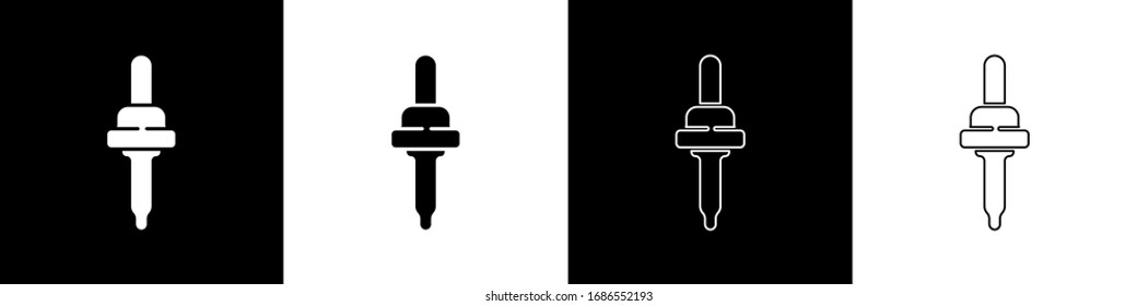 Ajuste el icono de la Pipeta aislado en fondo blanco y negro. Elemento de equipo médico, cosmético, de laboratorio de química. Ilustración vectorial