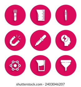 Set Pipette, Laboratory glassware or beaker, Funnel filter, Head and electric symbol, Chemical formula, Magnet, Tweezers and Test tube flask chemical icon. Vector