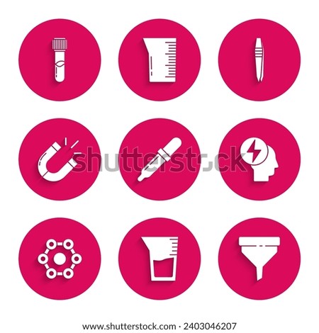 Set Pipette, Laboratory glassware or beaker, Funnel filter, Head and electric symbol, Chemical formula, Magnet, Tweezers and Test tube flask chemical icon. Vector