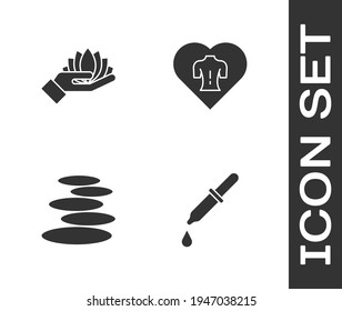 Set Pipette, Lotus flower, Stack hot stones and Massage icon. Vector