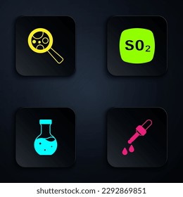 Set Pipette, Microorganisms under magnifier, Test tube and Sulfur dioxide SO2. Black square button. Vector