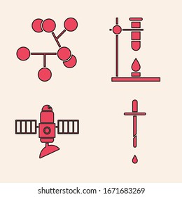 Coloque el matraz de tubo de prueba de Pipeta, Molécula, Cristal en el calentador de fuego y el icono de satélite. Vector