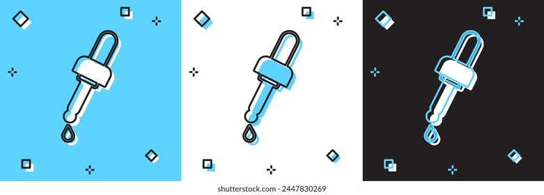 Set Pipette with oil icon isolated on blue and white, black background. Organic aromatherapy essence. Skin care serum glass drop package.  Vector
