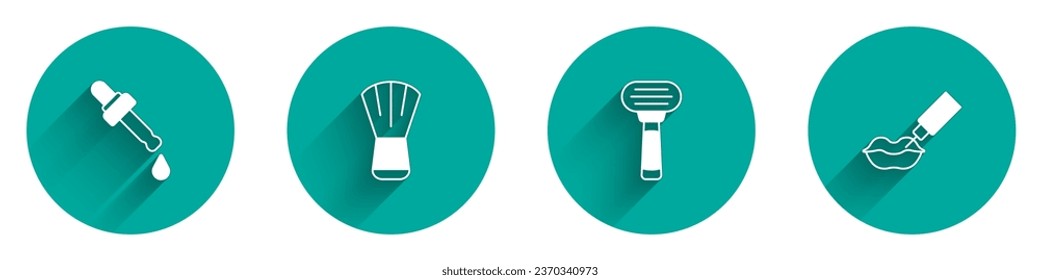 Set Pipette with oil, Makeup brush, Shaving razor and Lip augmentation icon with long shadow. Vector