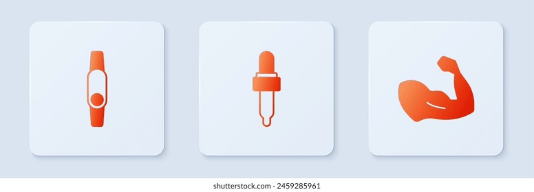 Set Pipette with oil, Smartwatch and Bodybuilder muscle. White square button. Vector
