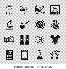 Conjunto Pipeta y planta, Ratón experimental, Bacterias, Prótesis de mano, Manzana modificada genéticamente, Microscopio, Alimento y placa de Petri con icono de bacterias. Vector