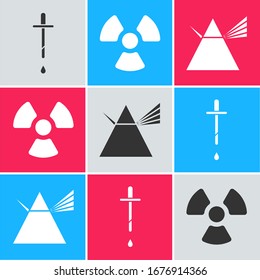 Set Pipette, Radioactive and Light rays in prism icon. Vector
