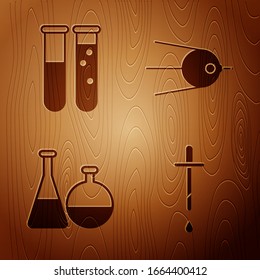 Set Pipette, Test tube and flask chemical laboratory, Test tube and flask chemical laboratory and Satellite on wooden background. Vector