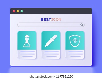 Set Pipette, Test tube and flask chemical and Biohazard symbol on shield icon. Vector