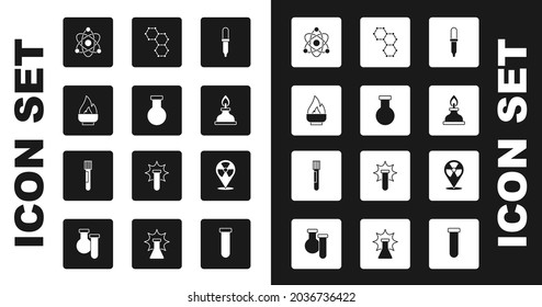 Set Pipette, Test tube and flask, Alcohol or spirit burner, Atom, Chemical formula, Radioactive in location and  icon. Vector