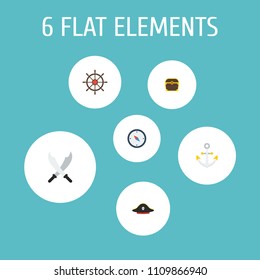 Set of piracy icons flat style symbols with treasure, controlling helm, black mark and other icons for your web mobile app logo design.