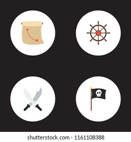 Set of piracy icons flat style symbols with controlling helm, cartography, flag and other icons for your web mobile app logo design.