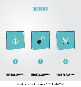 Set of piracy icons flat style symbols with hand hook, black mark, anchor icons for your web mobile app logo design.