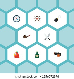 Set of piracy icons flat style symbols with hand hook, black mark, rum icons for your web mobile app logo design.