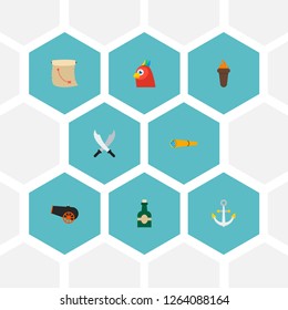 Set of piracy icons flat style symbols with cannon, anchor, rum and other icons for your web mobile app logo design.