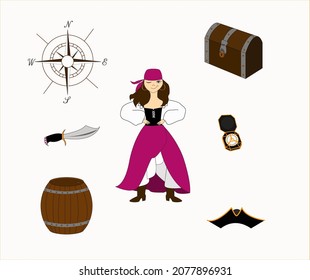 Set of pirate accessories. The pirate girl dressed in a bright skirt and bandana. Wooden chest-barrel-dagger-tricorn hat-compass-compass rose wheel isolated color pack. Vector illusration.