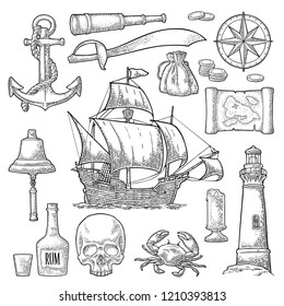 Set pirate adventure. Anchor, rum bottle, wheel, money bag, coins, skull, saber, crab, caravel, compass rose, spyglass, bell, lighthouse isolated on white background. Vector color vintage engraving