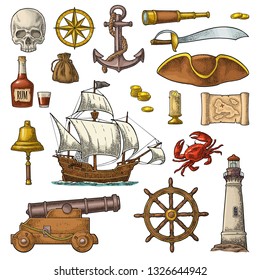 Set pirate adventure. Anchor, rum bottle, cannon, tricorn, wheel, money bag, coins, skull, saber, caravel, compass, spyglass, lighthouse isolated on white background. Vector color vintage engraving