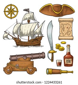 Set pirate adventure. Cannon, rum bottle, coins, saber, map, caravel, compass rose, spyglass, tricorn isolated on white background. Vector colorful vintage engraving