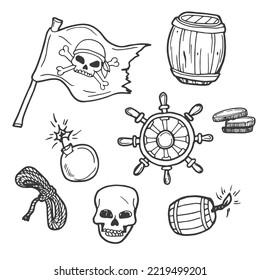 Set of pirate attributes for fighting, boarding and comfortable life, vector