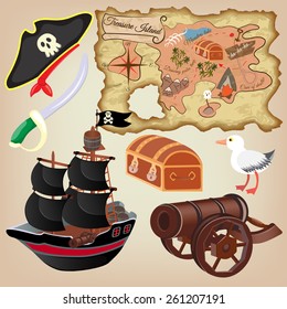 Set of pirate attributes: The sailing craft, Gun and Map of Treasure Island
