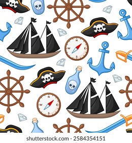 Set of pirate attributes sea pirate ship, hat, steering wheel seamless pattern on white background in cartoon style.