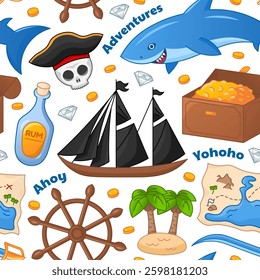 Set of pirate attributes sea pirate ship, treasure, skull seamless pattern on white background in cartoon style.
