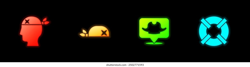 Set Pirate captain, bandana for head, Location pirate and Lifebuoy icon. Vector