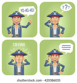 Set of pirate captain characters posing in different situations. Cheerful pirate talking on phone, thinking, crying, celebrating. Flat style vector illustration
