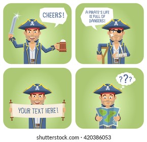 Set of pirate captain characters posing in different situations. Cheerful pirate holding beer mug, scroll, reading a treasure map, injured. Flat style vector illustration