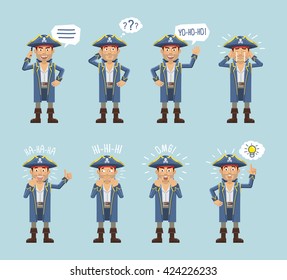 Set of pirate captain characters posing in different situations. Cheerful pirate talking on phone, thinking, crying, laughing, pointing up, surprised. Flat style vector illustration
