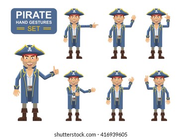 Set of pirate captain characters showing different hand gestures. Cheerful pirate showing thumb up gesture, greeting, waving, this way, pointing, victory hand. Flat style vector illustration